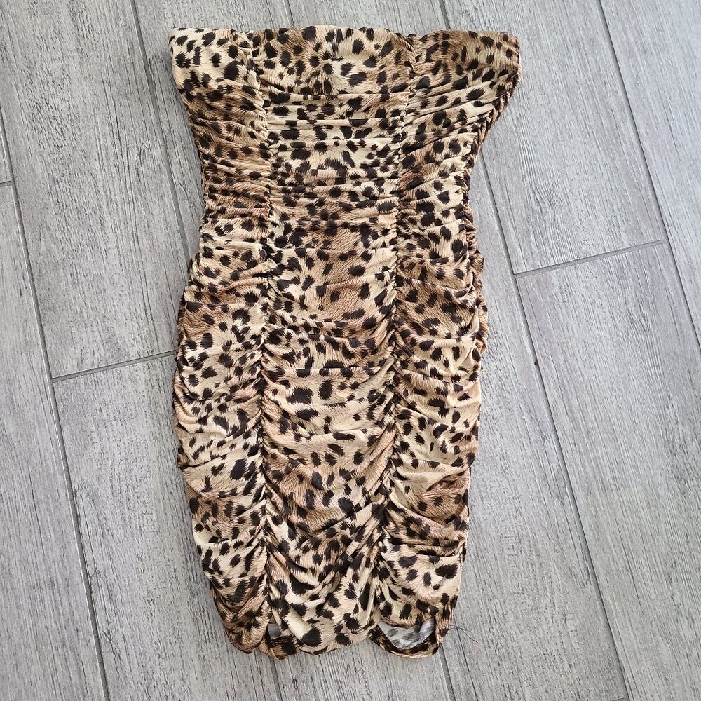 Forever 21 Leopard Print Ruched Strapless Dress - Tan, Brown, Black